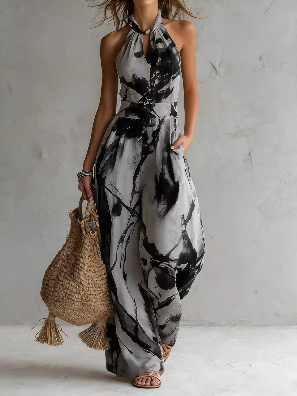 Palms35 halter backless jumpsuit,